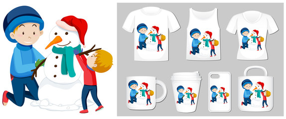 Christmas theme with boys and snowman on many products