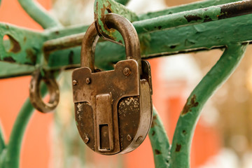 iron padlock close-up on the green grille gate closed area. Old padlock gate