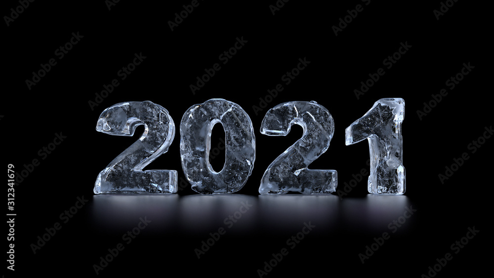 Aufkleber high detailed 3d render of year number. title made of ice. text standing on the dark reflective mate