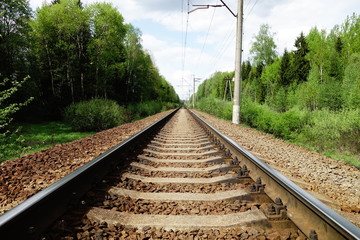 One way railroad railway track in rural location flanked by woods