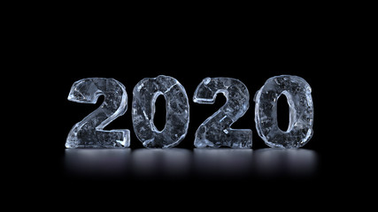 High detailed 3d render of year number. Title made of ice.  Text standing on the dark reflective material.
Title 2020.