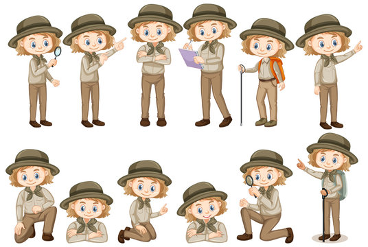 Girl in safari outfit doing different things