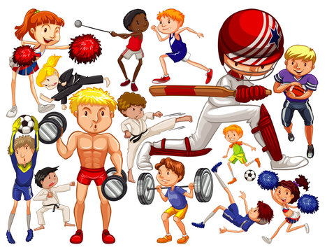 People doing different types of sports on white background