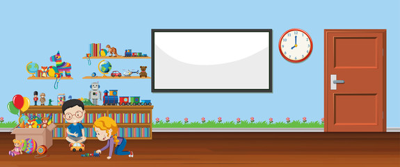 Fototapeta premium Background scene with whiteboard and toys