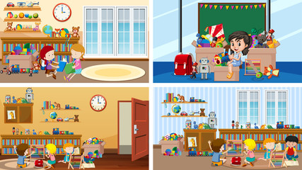 Four scenes with kids in different rooms