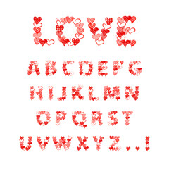 Vector Doodle Hand Drawn Font Made of Little Hearts, Cute Illustration, Type Set Template Isolated on White, Red Color.