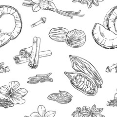 Sweet spices seamless pattern. Vector background with herbs and spices for baking and culinary cooking