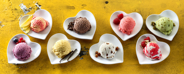 Heart-shaped dishes with assorted ice-creams