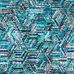 Grungy Abstract Geometric Seamless Pattern Teal cyan hexagon tiling geo graphic motif with linen fabric texture overlay. Spliced stripes in tiles. Repeat jpg swatch.