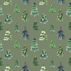 Seamless christmas background with cute christmas trees and falling snow