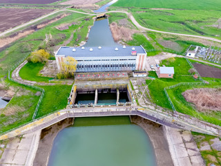 Water pumping station of irrigation system of rice fields. View