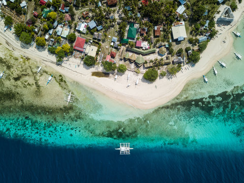 Scenic Aerial Bird's Eye View Drone Picture of the White Sand Beach of Pamilacan Island in Panglao, Bohol, Philippines
