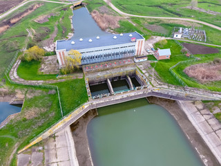 Water pumping station of irrigation system of rice fields. View
