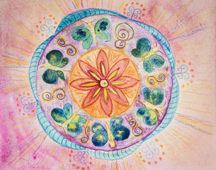 Mandala with butterflies. The dabbing technique near the edges gives a soft focus effect due to the altered surface roughness of the paper.