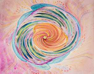 Fototapeta na wymiar Abstract tornado in a mandala. The dabbing technique near the edges gives a soft focus effect due to the altered surface roughness of the paper.