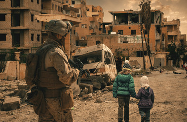 Military soldier is following two homeless girls in destroyed city