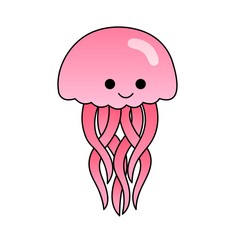 Illustration of Pink Jellyfish With A Smile With Smile Cartoon, Cute Funny Character, Flat Design