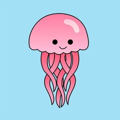 Illustration of Pink Jellyfish With A Smile With Smile Cartoon, Cute Funny Character, Flat Design
