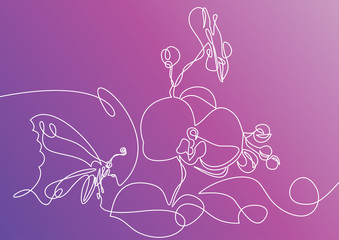Nature spring flower with butterfly. Vector illustration.Continuous one line