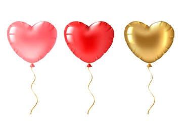 Heart balloon. Cute gold, pink and red heart shaped balloons decor, valentines day design element for romantic greeting card 3d vector set
