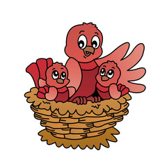 Illustration of Red Bird With 2 Little Bird Cartoon, Cute Funny Character, Flat Design