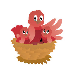 Illustration of Red Bird With 2 Little Bird Cartoon, Cute Funny Character, Flat Design