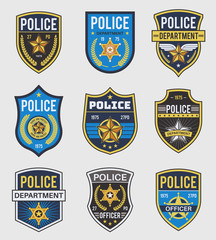Naklejka premium Police badges. Officer government badge, special police security medallion and federal agent signs, policeman insignia vector set