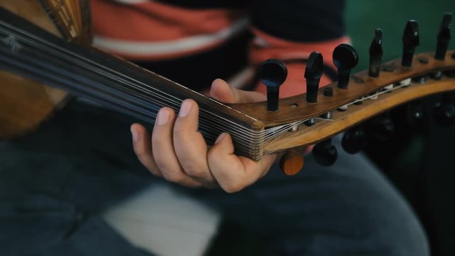 A musician playing a lute (a plucked string instrument with a curved neck). Handheld detail shot of the player's hands.