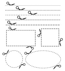 Scissors black icon with cut lines set. Vector illustration
