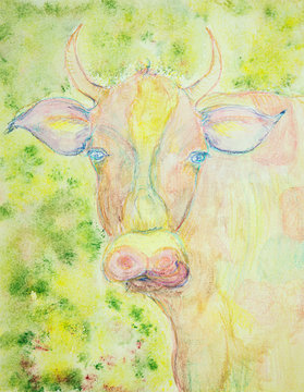 Colorful cow in the field. The dabbing technique near the edges gives a soft focus effect due to the altered surface roughness of the paper.