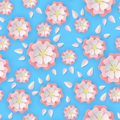 Paper sakura seamless pattern. Floral stylish wallpaper colorful blooming flowers of cherry tree, cut paper origami asian vector texture