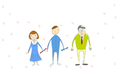 卒業式　桜散る中のスリーショット