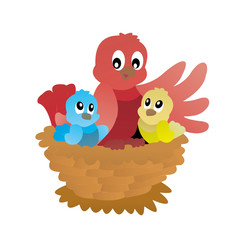Illustration of Bird With 2 Little Bird Cartoon, Cute Funny Character, Flat Design
