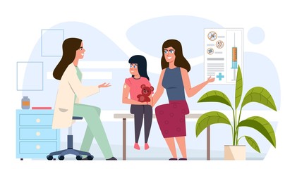 Kids vaccination. Childhood immunization, pediatrician children vaccinating in medical office, immunity health and prevention, vector concept