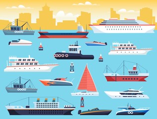 Fototapeta premium Maritime transport. Shipping dock with big sea or ocean vessel and sail boat, yacht and travel motor cruiser vector set