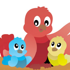 Illustration of Bird With 2 Little Bird Cartoon, Cute Funny Character, Flat Design