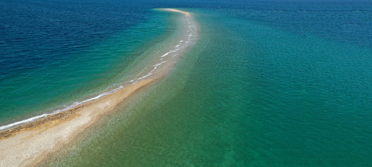 Aerial drone ultra wide photo of tropical exotic turquoise sand bar in exotic bay