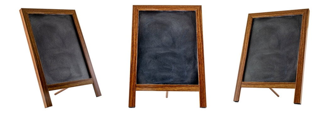Set of blank menu chalk board with three different views. Front and perspective shots. Empty black boards. Isolated on white background. Wooden frames and legs.