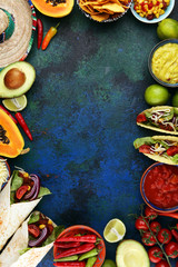 Mexican food mix with nachos copyspace frame colorful background Mexico