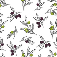 Olive background. Seamless vector pattern with olive branches on white.