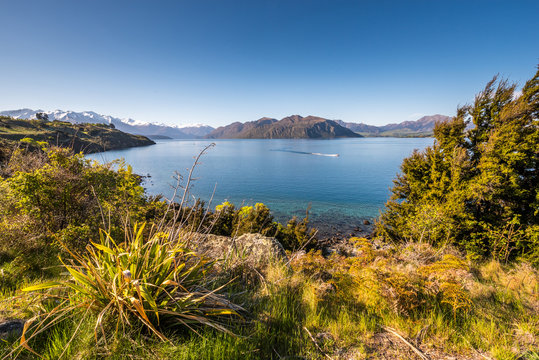 New Zealand landscape of Lake Wanaka on Glendhu Bay Track. Boat on lake with beautiful background.