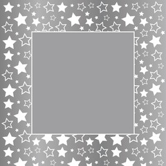 Frame with blank space for text. Border of white stars. silver background. Vector for Christmas and New Year greeting card, banner, invitation, packaging design, copy space