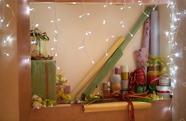 garland, christmas, decoration, ribbon,room, home, red, light, gold, luxury, 