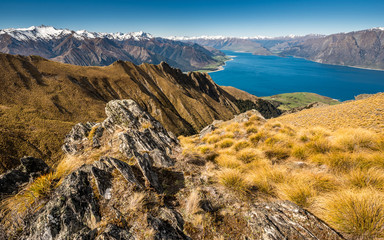 Summer hiking in Isthmus peak Wanaka popular touristic area close to famous Roys peak.