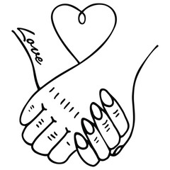 Vector black and white hand-drawn illustration. A loving couple is holding on. The lines will connect in the heart. Love. Ideal for paper and gift products. Design greeting cards and wedding invitatio