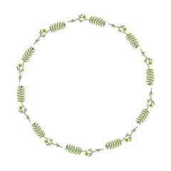 Fototapeta premium Round frame made of buttercups and herbs. Romantic wreath on white background