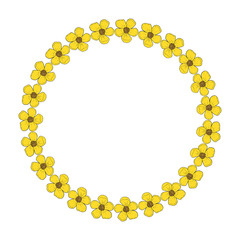 Round frame made of buttercups. Romantic wreath on white background