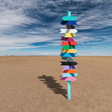 Colorful Blank Wooden Direction Arrows Sign In Empty Desert 