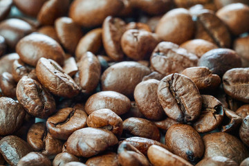 brown coffee grains close-up with blurry background