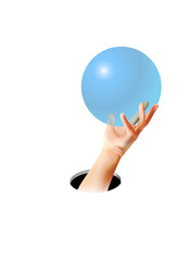 Hand holding something through hole on white. Body language concept. Hand sign. Hole in wall. Somebody unrecognizable grabbed and holds ball, circle, sphere, disc.Realistic vector Gesture